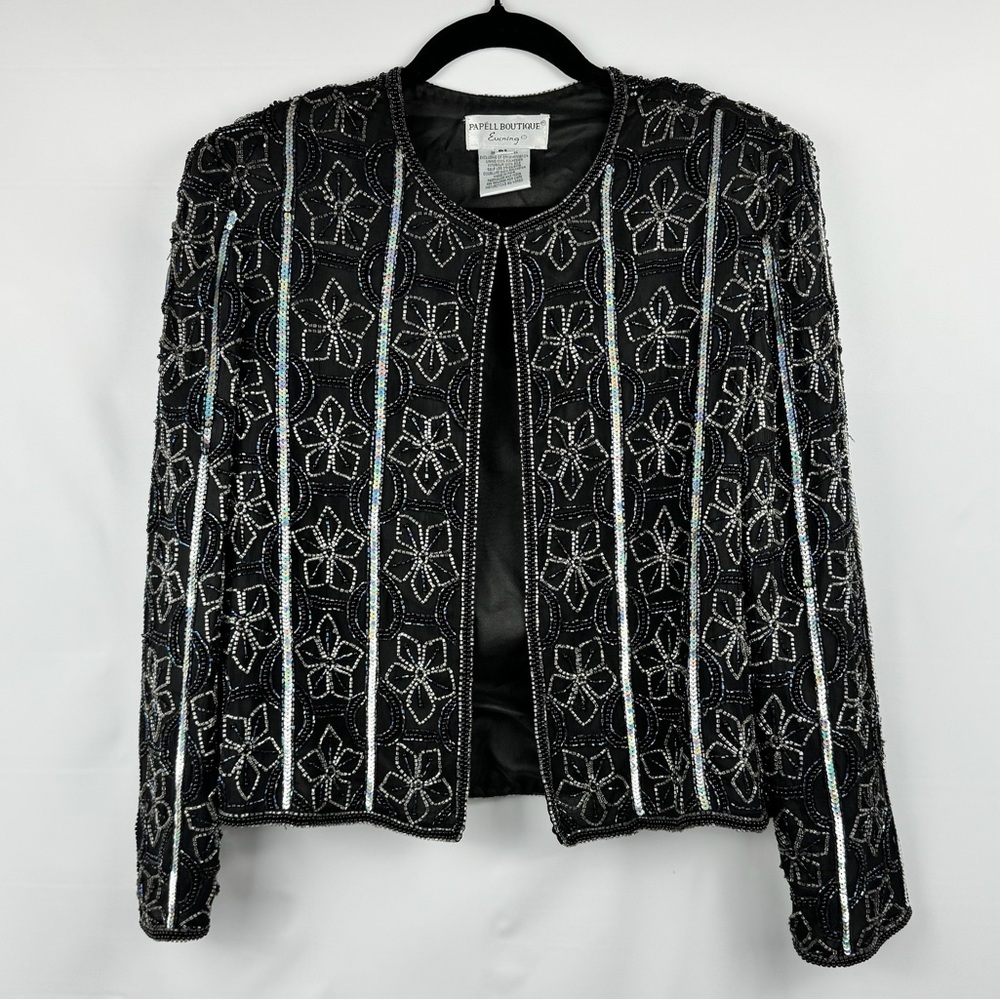 Vintage Papell Boutique 100% Silk Beaded & Sequin Floral Jacket - Black & Silver